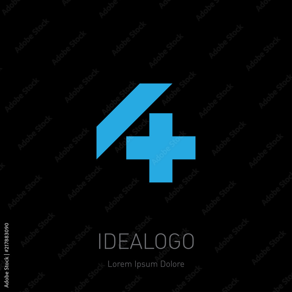 Poster 4 and symbol plusl logo. 4 and plus - vector design element or icon. logotype template.