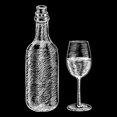 Wine bottle and a glass of wine. Hand drawn sketch in grunge style on black background