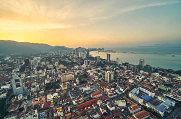 Panorama of city George Town, Malaysia on sunset background