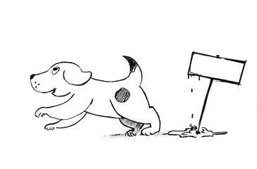 Cute, funny dog wrote on a sign and happy. 