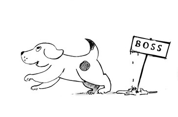 Cute, funny dog wrote on a sign that says Boss and happy. A caricature of account and hidden feelings subordinate employees and supervisors.