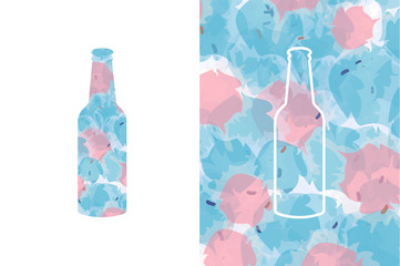 Colorful Pastel Icon Alcohol Glass Bottle Product For Beer and food With Pink And Blue Graphic isolated Background.