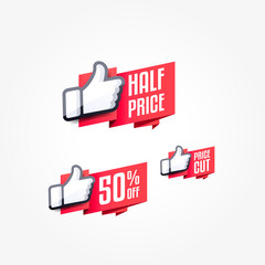 Half Price, 50% Off & Price Cut Thumbs Up Shopping Label