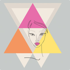 Beautiful stylish young woman face on light background with triangle geometric shapes. Style of 80s