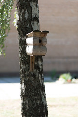 birdhouse on a tree in forest Park , hand wood shelter for birds to spend the winter