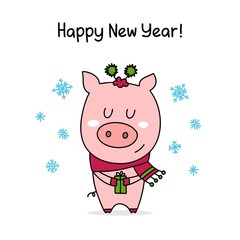 Obraz na płótnie Canvas Happy New Year poster with cute pink piggy in sweet scarf. Celebration flat vector illustration greeting poster