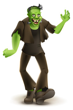 Green cartoon monster Frankenstein goes to Halloween party
