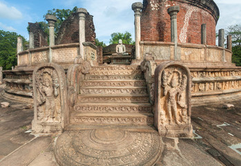 Old walls of the 12th century brick buddhist temples, Sri Lanka. Ancient town Polonnaruwa. UNESCO...