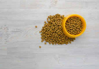 Cat food in bowl and on wood background