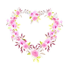 Watercolor pink flower heart frame.
