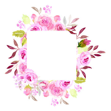 Pink watercolor flower frame, square