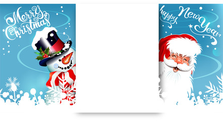 Christmas card with a snowman and text Merry Christmas on a blue background. Santa and text happy New Year. Vector illustration for your design