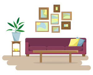 Flat vector illustration with a sofa and pictures on a wall.