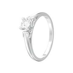 3D illustration isolated white gold or silver solitaire wedding diamond ring with heart prongs