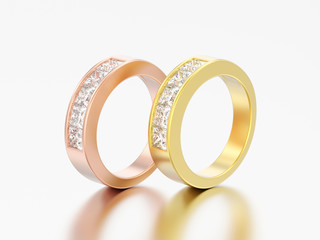 3D illustration two simple classic yellow and rose gold diamond rings