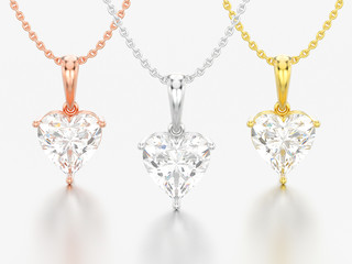 3D illustration three yellow and rose and white gold or silver big heart diamond necklaces on chains