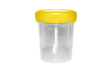 A jar for urine analysis on a white background.A plastic container for testing.
