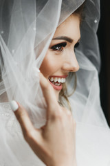 Portrait of charming bride enveloped in a veil