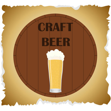 Craft beer. Banner kraft beer. A glass of beer on the background of an oak barrel.