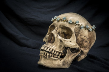 Still life with a human skull with the old, in with the diamond and jewelry