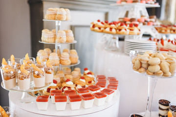 Delicious sweets and candies made of berries served on a dinner table