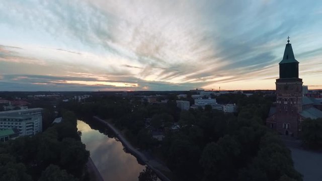 Aerial video over city of Turku at sunrise