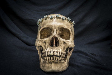 Still life with a human skull with the old, in with the diamond and jewelry