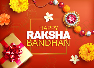 Greeting background with decorated rakhi and gift for Raksha Bandhan (Bond of protection and care) – Indian festival of sisters and brothers. Vector illustration.