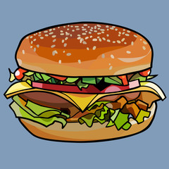 cartoon drawn cheeseburger, sandwich with cheese and meat and vegetables