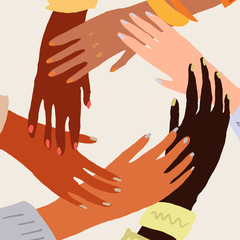 Illustration of a people's hands with different skin color together holding each other. Race equality, feminism, tolerance art in minimal style.