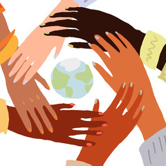 Illustration of a people's hands with different skin color together holding each other. Race equality, feminism, tolerance art in minimal style.