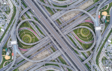 Aeriel view highway road intersection for transportation or traffic background.