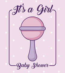 baby shower design with its a girl concept with rattle icon over pink background, colorful design. vector illustration