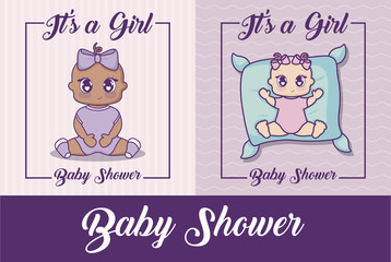 baby shower design with cute baby girls over colorful background, vector illustration