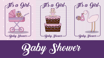 baby shower design with cute baby girls and stork over colorful background, vector illustration