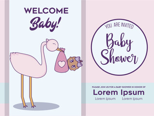 Baby shower invitation with  stork holding a baby girl icon over colorful background, vector illustration