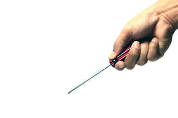 hand of a man holding a screwdriver  on white background isolated