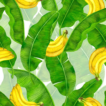 Seamless watercolor pattern with banana fruit and leaves.