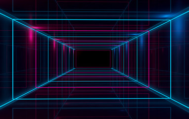 Background of an empty black corridor with neon light. Abstract background with lines and glow