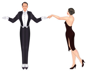 Beautiful couple in art deco style dancing tango. Retro fashion: glamour man and woman of twenties. Vector illustration. Flapper 20's style. Vintage wedding invitation template.