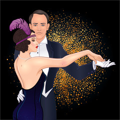 Beautiful couple in art deco style dancing tango. Retro fashion: glamour man and woman of twenties. Vector illustration. Flapper 20's style. Vintage wedding invitation template.