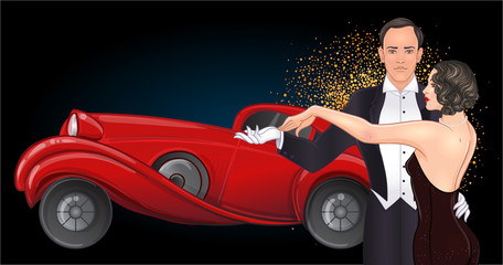 Beautiful couple in art deco style dancing tango. Retro fashion: glamour man and woman of twenties and red car. Vector illustration. Roaring Twenties.