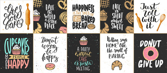 Set of vector bakery lettering posters, greeting cards, decoration, prints. Hand drawn typography design elements. Handwritten lettering. Modern ink brush calligraphy.