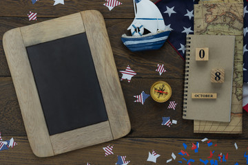 Table top view aerial image of decoration the sign of USA Happy Columbus day on Oct 8,2018...