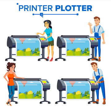 Workers With Plotter Set Vector. Woman, Man. Prints Beautiful Picture, Banner. Print Service. Large Format Multifunction Printer. Polygraphy. Full Color Latex, Laser Printer. Printshop. Illustration