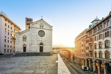 Genoa, Italy on sunrise. Abbazia di Santo Stefano (Saint Stephen church) dating to the 10th century
