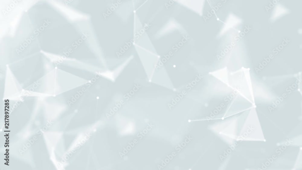 Poster Rotation. Depth of field. Clean background. Transforming structure. Blue facets. Melting triangles. Blue dots. Blue triangles.Plexus abstract network white technology science background loop