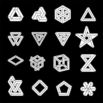 Set of impossible shapes. Optical Illusion. Vector Illustration isolated on white. Sacred geometry. White shapes. on a black background.
