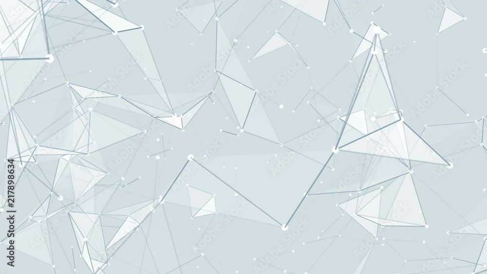 Poster clean background. transforming structure. blue facets. melting triangles. blue dots. blue triangles.