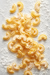 Pasta roosters crest on a marble background viewed from above. Top view